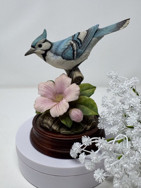 The Unbranded Brand Other - Vintage Blue Jay Bird Figurine Statue on Wood Base Pink Flower Nature Decor